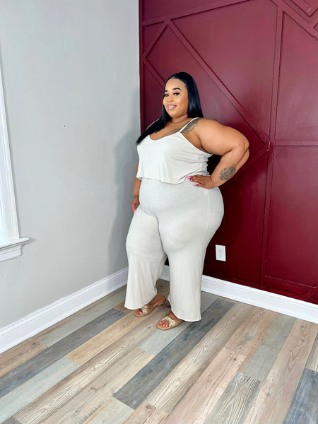 Curvy I’m A Lady Ribbed Jumpsuit- BEIGE