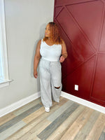 Curvy French Terry Wide Leg Pants- GREY